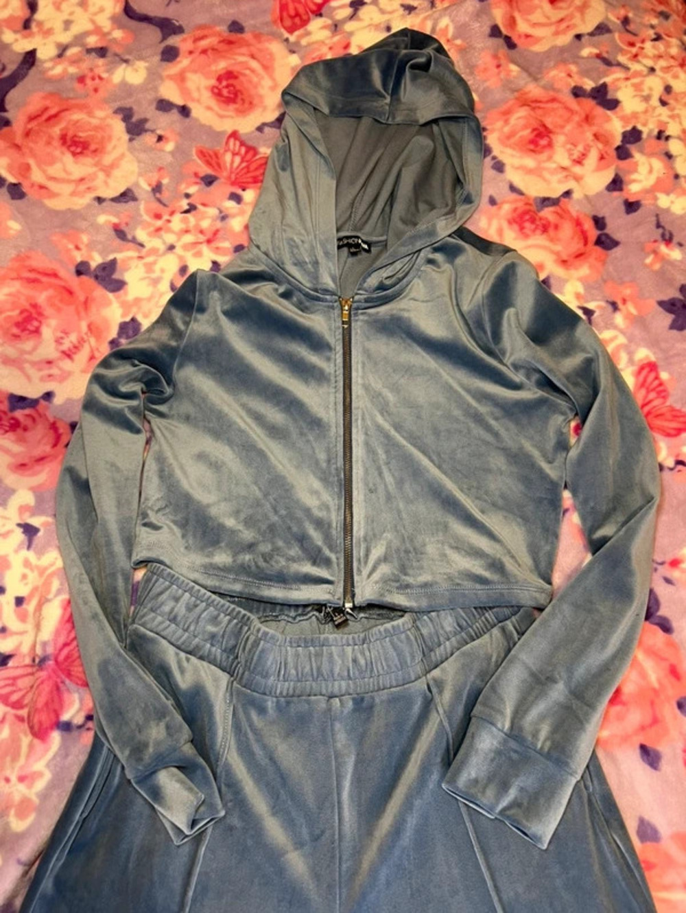 Fashion Nova Amelia Blue Velour Zip Hoodie & Flare Pant Set